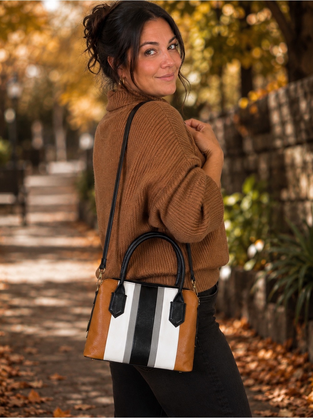 Vintage Fossil Striped Leather Satchel
